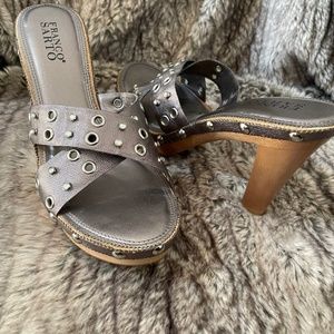 Shoe slip on, Gold & jeweled, strap, 9, natural beige heel and slight platform.
